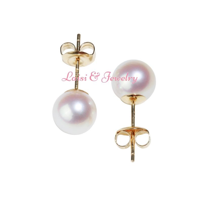 White Japanese Akoya Round Pearl Stud Earrings, 6-6.5mm